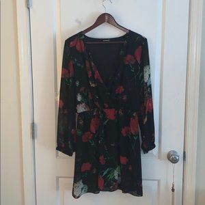 Express Floral Black Baby-Doll Dress, Flirty, Large